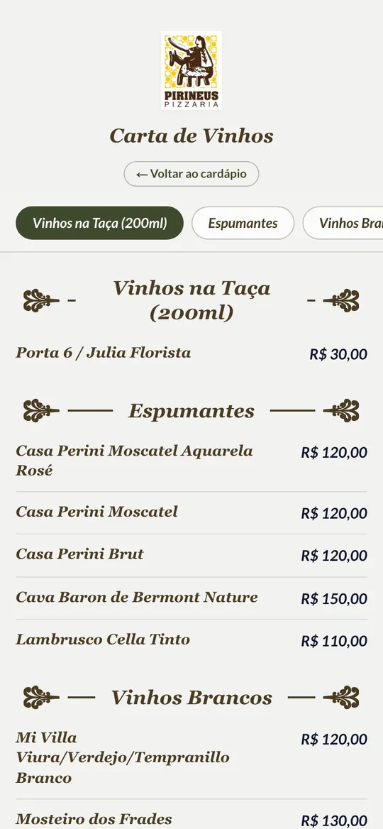 Carta de vinhos